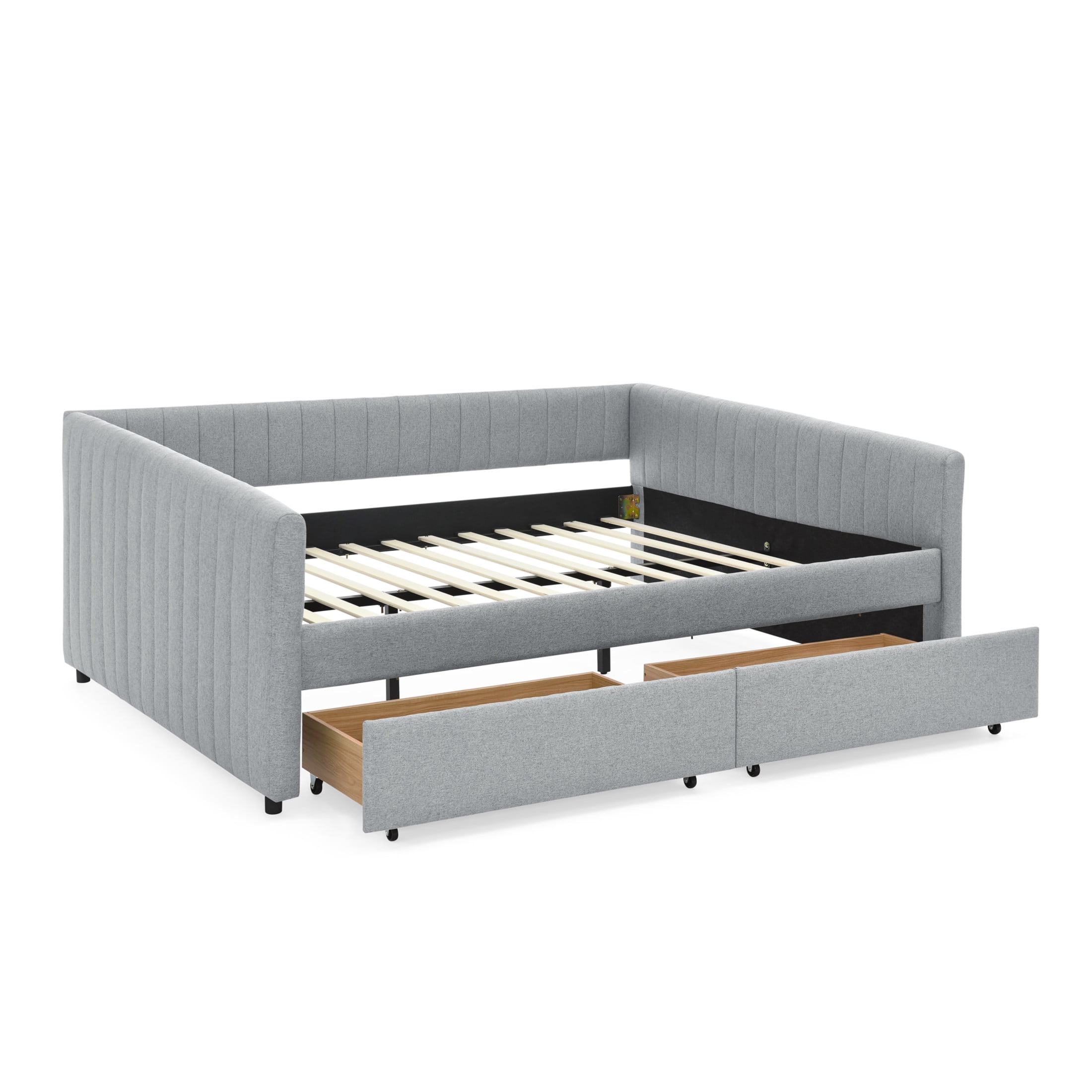 Noble House Denita Queen Size Daybed, Vertical Striped Linen Upholstered Sofa Bed with Storage Drawers, Grey