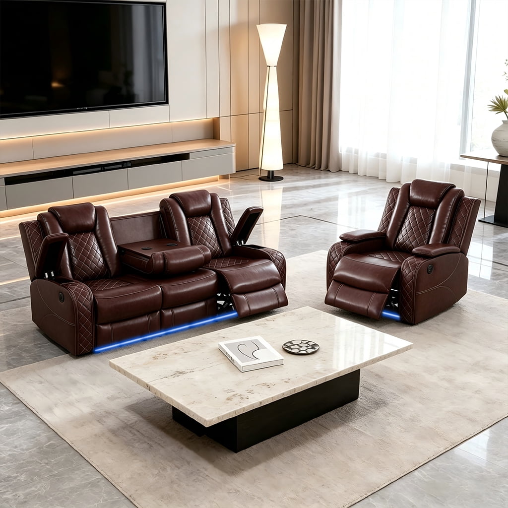 Gewnee 3-Seat Power Adjustable Sofa with One Recliner, Console & Cup Holders, Air Leather, Adjustable Reclining Angles, Suitable for Living Room,Brown