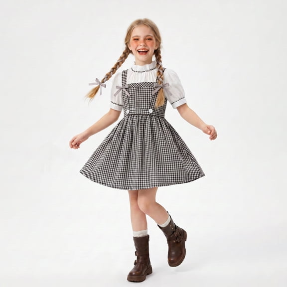 Gingham Plaid Dress Costume Retro Fairytale Character Outfit for Halloween Theme Party Cosplay Dress Up Set