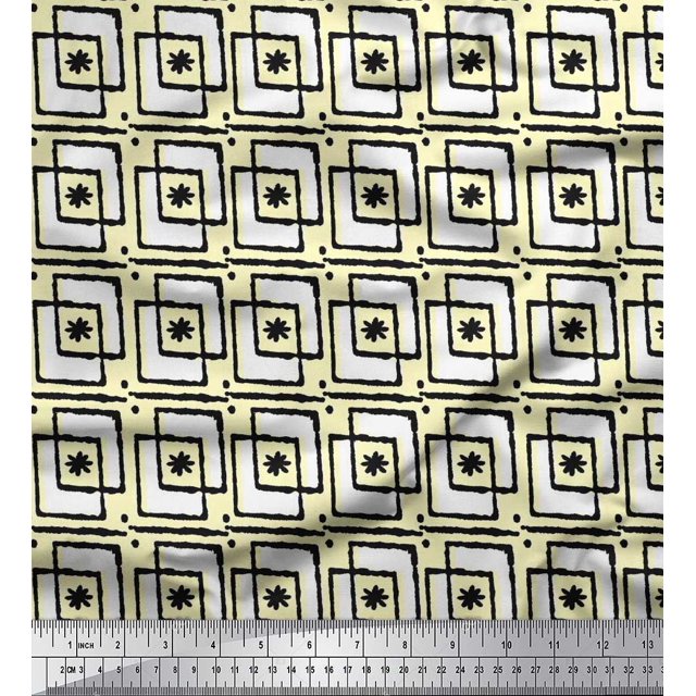 Soimoi Poly Georgette Fabric Square & Floral Block Printed Fabric 1 Yard 42 Inch Wide