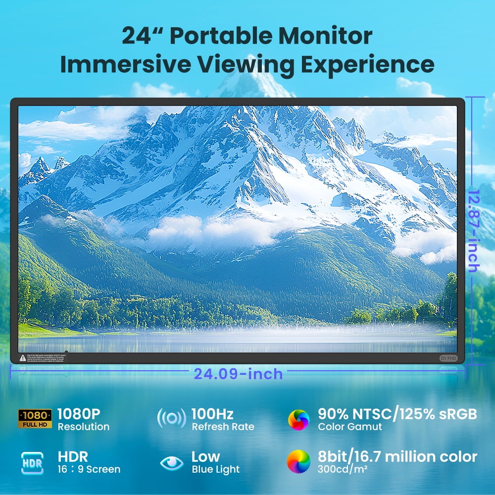 24" Large Portable Monitor, 2026 Upgraded FHD 1080P 100Hz Portable Screen for Laptop, 125% sRGB IPS Portable Second Monitor with Adjustable Stand for Windows/Mac/Linux/Chrome