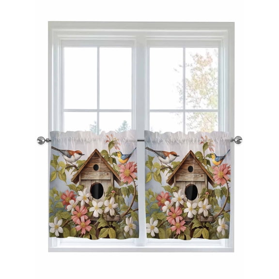 Half Window Curtains 24 Inches Long, Birdhouse Vintage Window Treatment Curtain Drapes, Spring Floral Birds Botanical Short Curtains Tiers for Kitchen Over Sink, 27.5"x24", 2 Panels