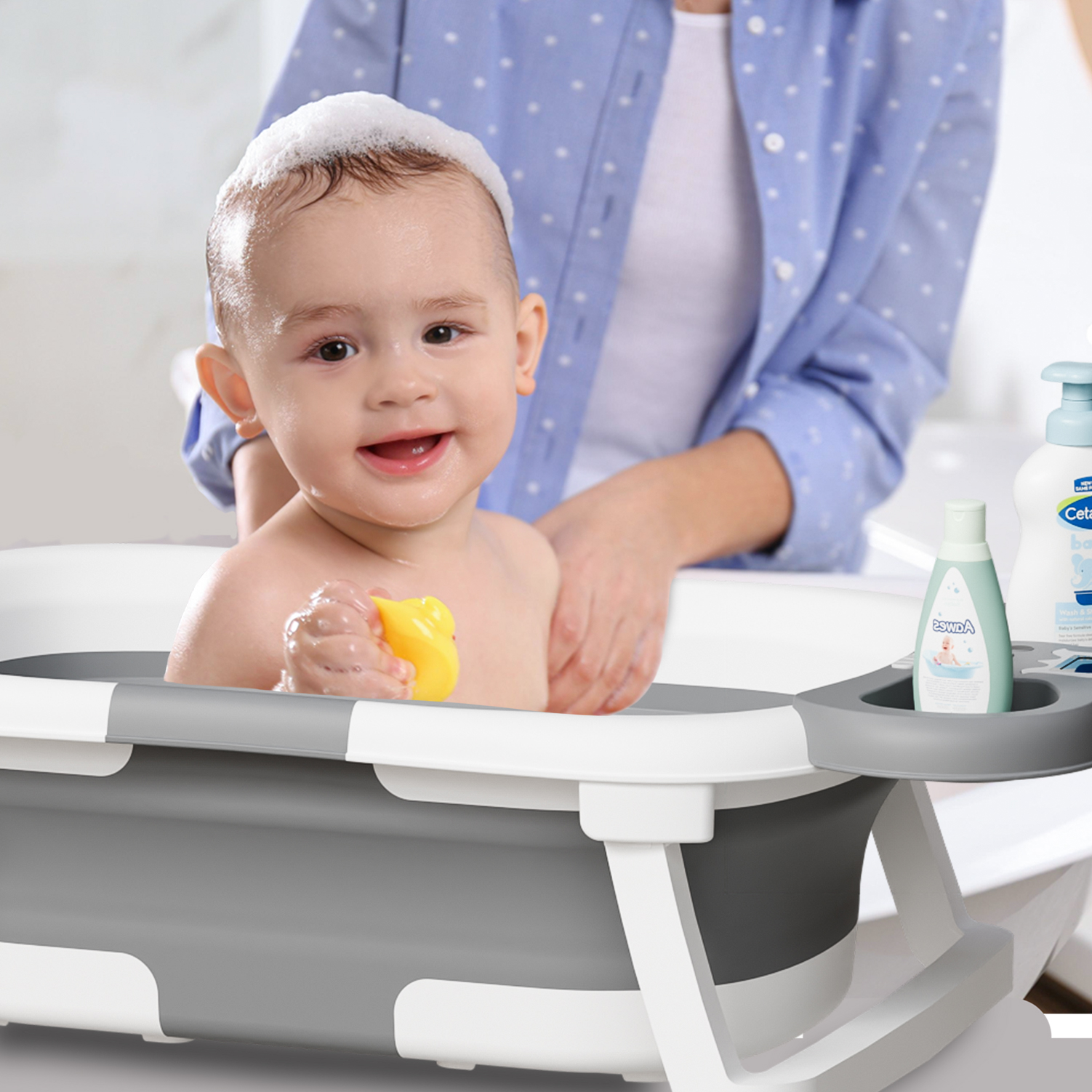 Aprpink Foldable Baby Bathtub with Thermometer, Gray photo 5