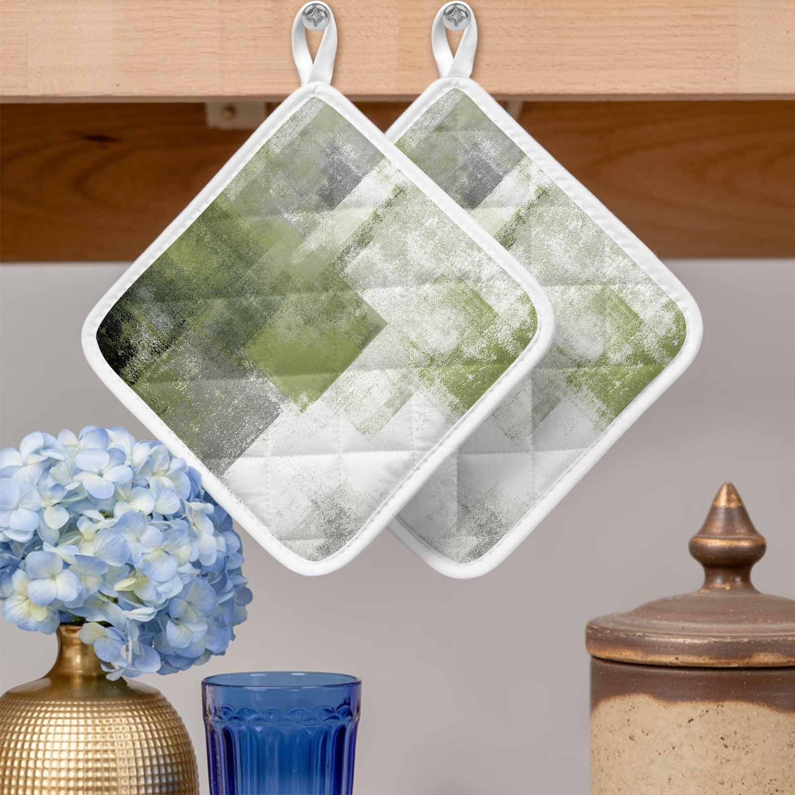 Sage Green Ombre Pot Holders for Kitchen Heatproof Potholder, 5 Pack Vintage Shabby Abstract Plaid Art Hot Pads Multipurpose Oven Pads Cloth Potholders Trivet for Cooking Baking