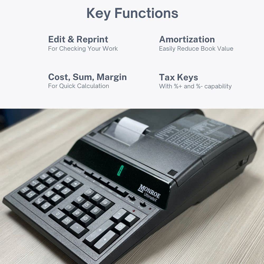 Monroe UltimateX Elite Printing Calculator/Adding Machine Bundle with Ribbons, Paper and Foam Calculator Stand