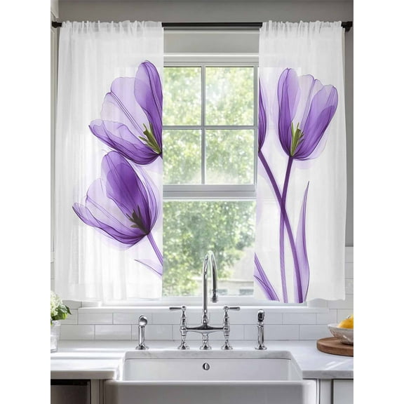 Luxury Purple Tulip Sheer Curtains for Living Room Bedroom Watercolor Spring Rustic Floral Sheer Curtains 63 Inch Long 2 Panels Set Light Filtering Curtain Window Treatments Drapes for Dining Room