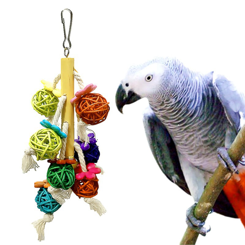 Parrot Bird Bamboo Rattan Play Toy Bell Bite Chewing Strip Colorful Hanging Cage
