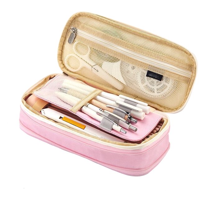 Large Pencil Case, 2 Tier Pencil Bag Space Saving for School and Beige,Dark