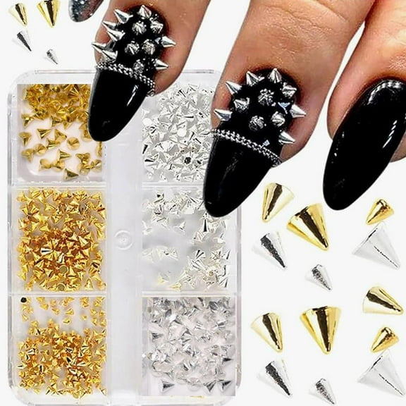 6 Y2K Punk Metal Rivet Nail - Cone Mixed Sized Black Silver Nail, for DIY Alloy Nails Spike Stylish 3D Decorations