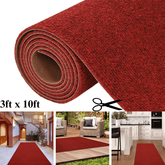 OVYEFR Commercial Carpet, 3' x 10' Runner Rug with Rubber Backing, Indoor Outdoor Utility Rugs for Hallway Entrance Kitchen, Red
