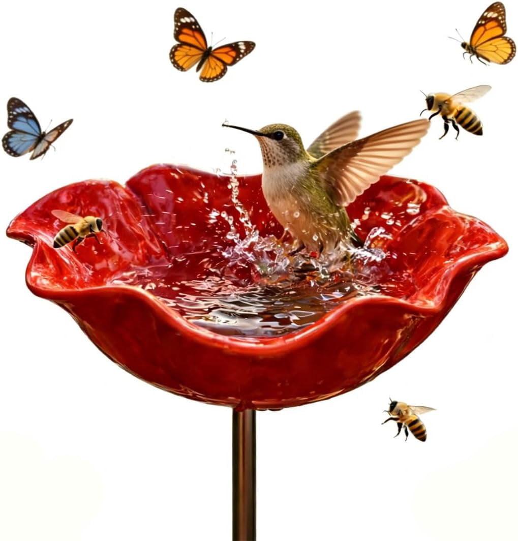Handmade Metal Flower Garden Stake, Handmade Metal Flower Bird Bath & Pollinator Water Station, Colorful Bee/Butterfly/Bird Watering Station for Garden (3Pcs)