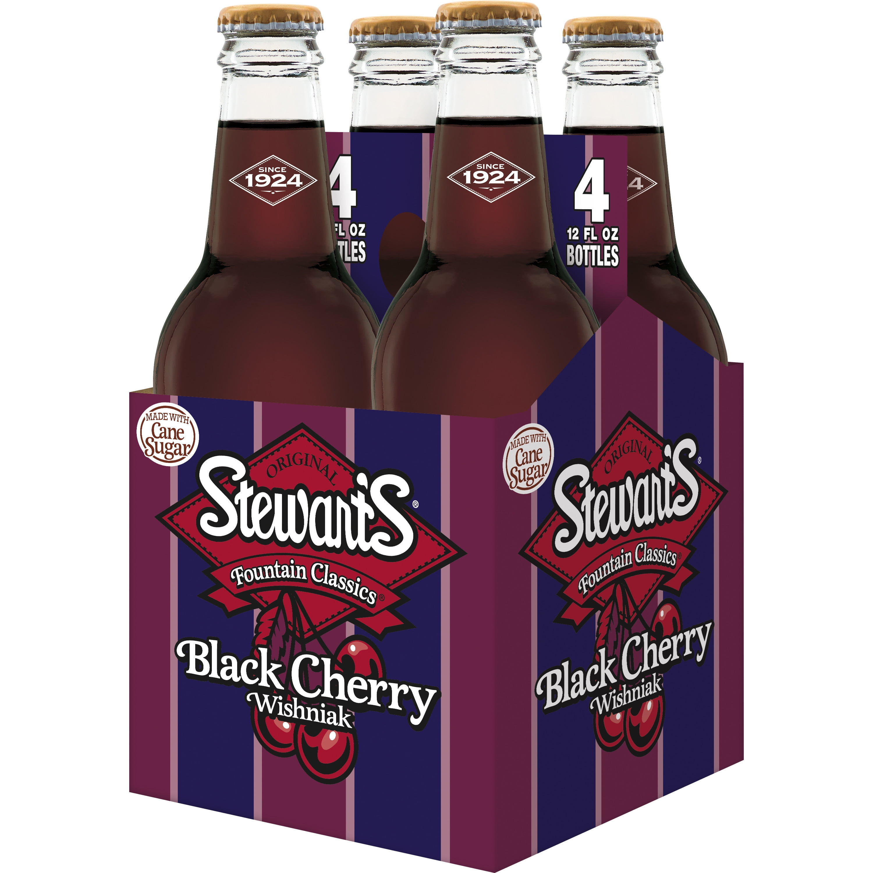 Stewart's Black Cherry Wishniak Made with Sugar, 12 fl oz glass bottles, 4 Pack