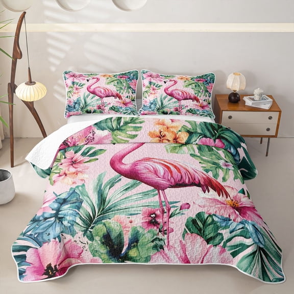 jejeloiu Soft Flamingo Flowers Twin Quilt Set Kids,Tropical Botanical Leaves Twin Coverlet Set For Girls,2 Pieces
