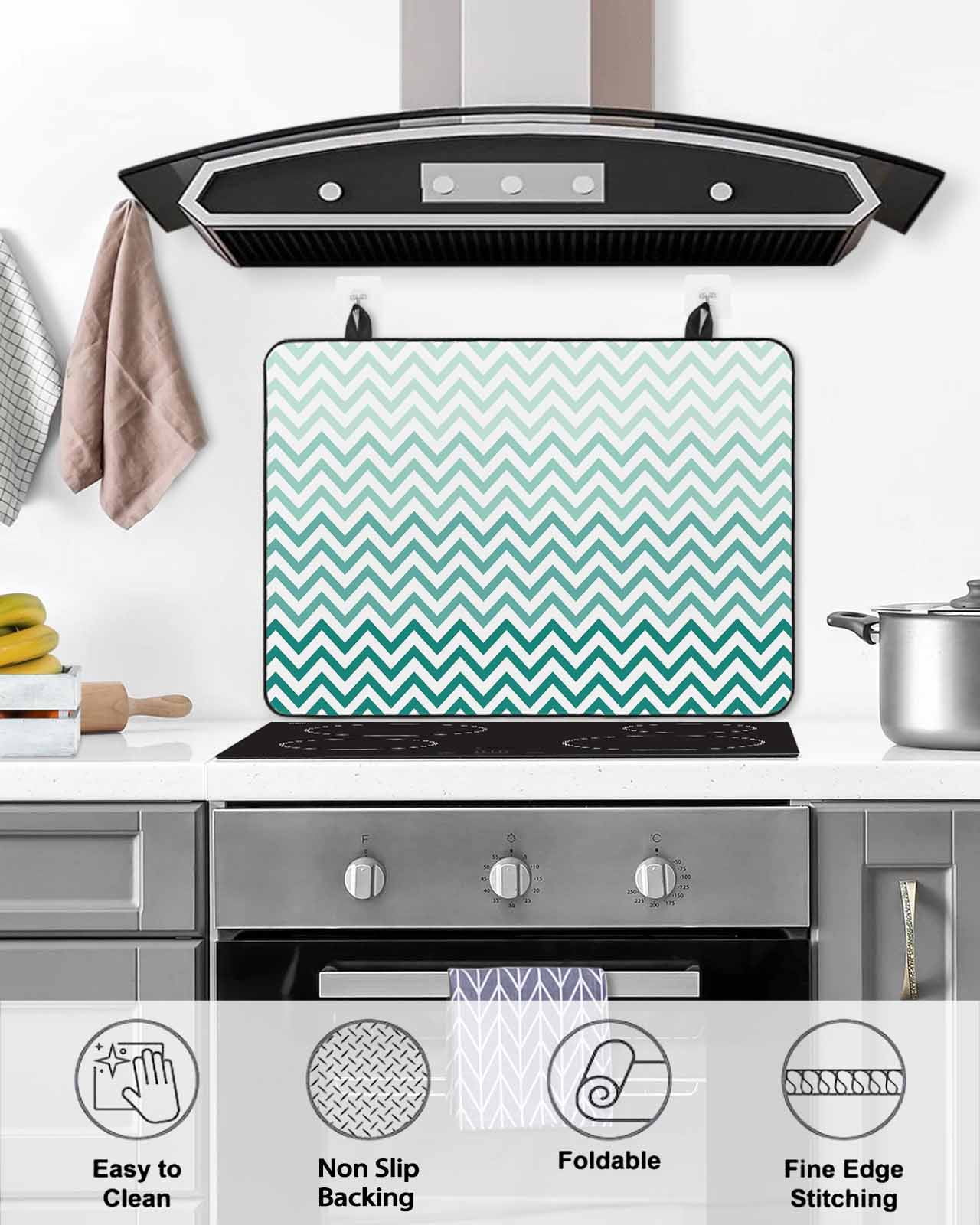 nqOlkjepod Large Induction Cooktop Protector Mat 24"x21", Teal Chevron Stove Top Covers for Electric Stove, Ombre Geometric Ocean Wave V-shaped Stove Burner Cover Mats, Glass Top Stove Cover