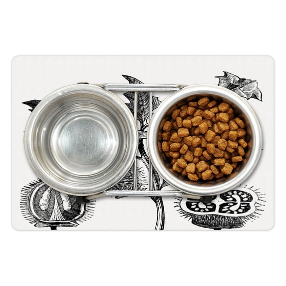 Botanical Pet Mat for Food and Water, Sketchy Thorn Apple Plant Jimson Weed in Vintage Engraving Style, Non-Slip Rubber Mat for Dogs and Cats, 18" X 12", by Ambesonne