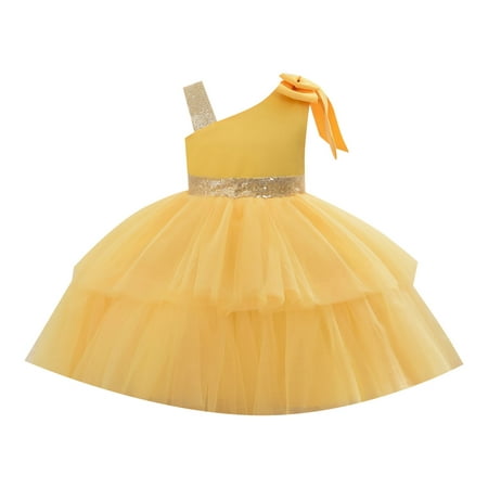 

GWAABD Girls Beach Outfits Yellow Cotton Blend Pageant Party Dress Long Princess Wedding Sloping Collar Sleeveless Double Mesh Skirt with Bow ShoulderLine Dress for 1 to 8 Years 70