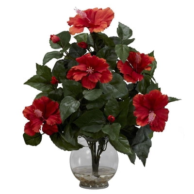 Nearly Natural Hibiscus w/Fluted Vase Silk Flower Arrangement A literal explosion of delight  this Hibiscus will cheer up even the sourest of moods. A big  fluffy bed of lush greenery provides the ideal base for the numerous red blooms (with just a hint of pink in their centers as well). It’s a stately piece that adds a touch of class to any décor – home or office. Also makes a great gift. Complete with a fluted bowl and “liquid illusion” faux water  it will stay looking fresh for decades! Specifications Height: 17 In. Depth: 12 In. Width: 14 In. Pot Size: W: 4.5 in  H: 5 in Planter  vase or basket is included in the height.
