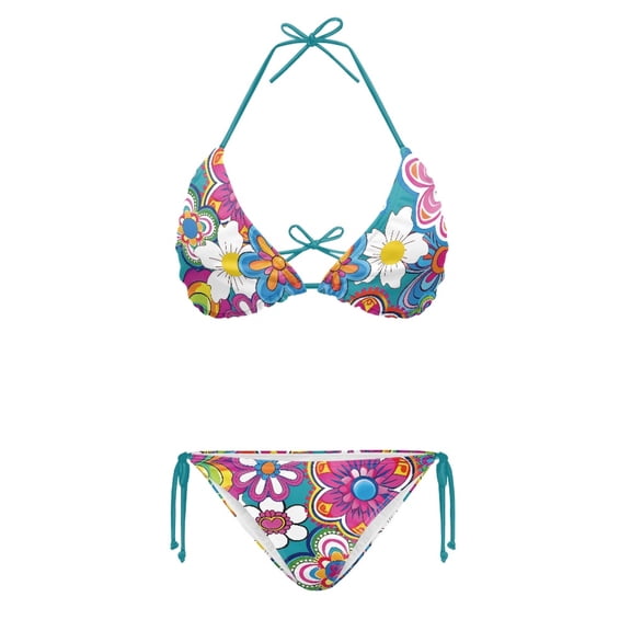 HELLHERO Poplar Flower Ladies Swimwear Polyester Fabric Plus Size Sexy Halter Bikini Set Two Piece