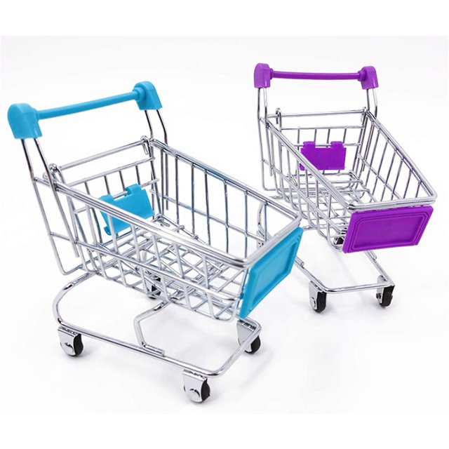 Mini carrito de compras, carrito de mano para supermercado, modo de carrito de utilidad, juguete de almacenamiento (azul y morado), 2 uds.