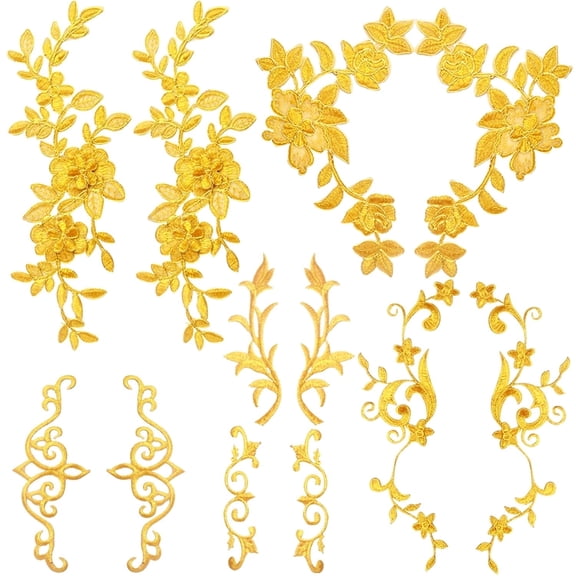 AGNURCADE 12‑Pack Golden Lace Flower‑Embroidery Patches, 6‑Styles Iron‑on & Sew‑on Floral‑Leaf Appliques, Elegant Gold Decorative Patches for Wedding‑Dress, Clothing & Diy‑Craft Projects