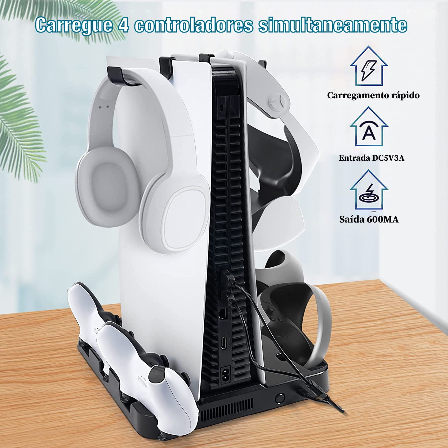 Charging Stand for PS5 & PSVR2, Vertical Stand with Cooling Fan Game Controller Wireless Charging Station, VR2 Headset Base Accessories-Black