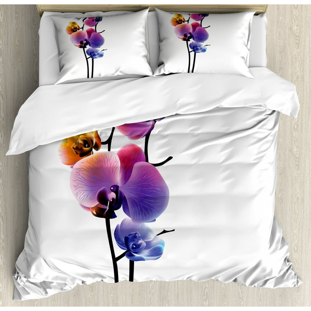Orchids Duvet Cover Set King Size, Modern Design Abstract Branch of a