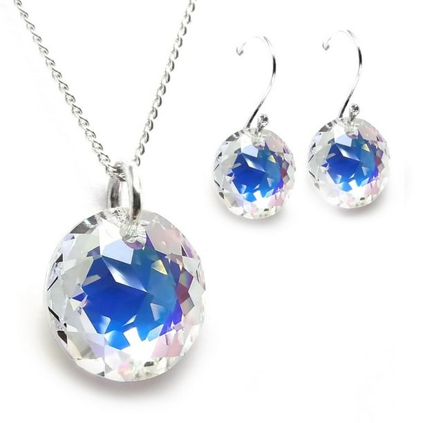 Juego de aretes y cadena con dije corte Classic ZVEZDA plata mexicana ley .925 cristal Swarovski 14mm