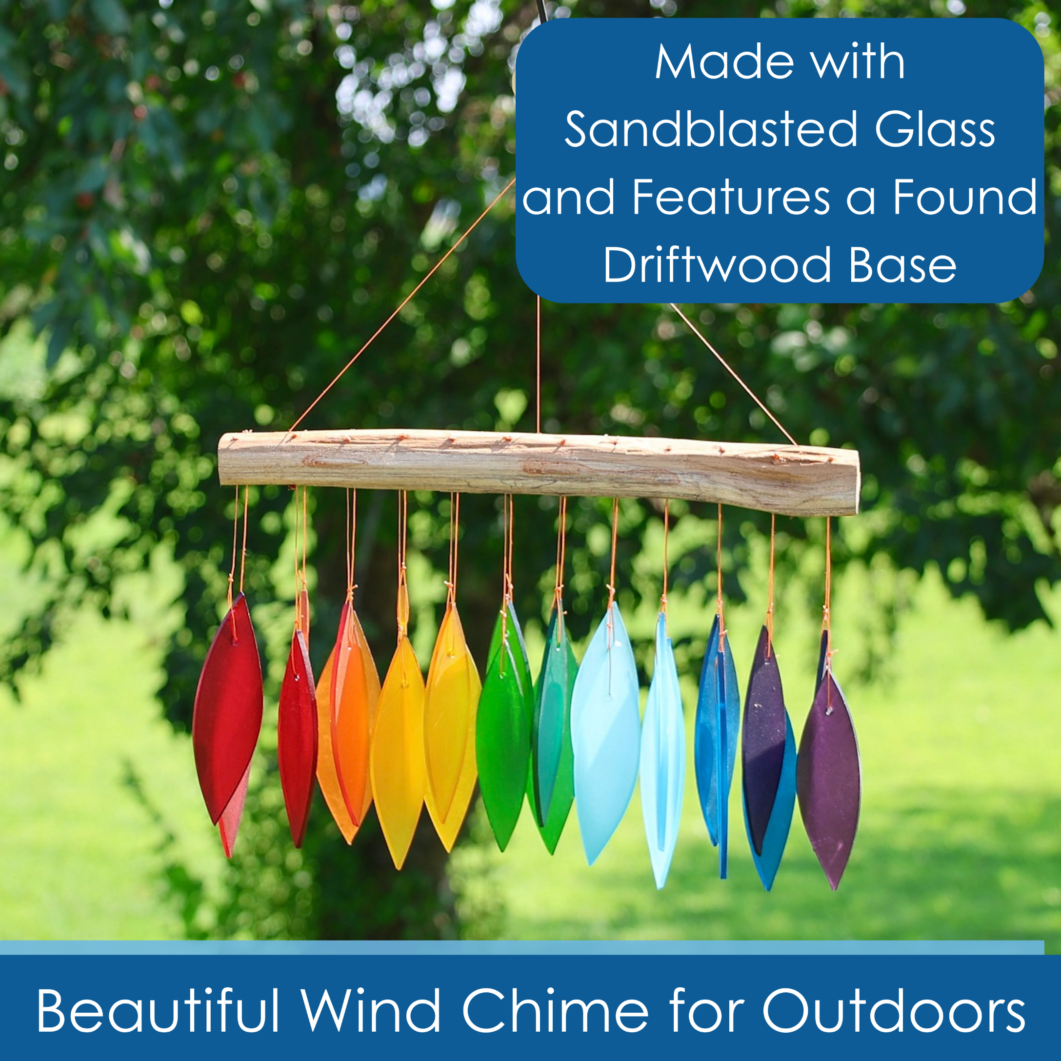Blue Handworks Rainbow Glass Chime, Sandblasted Glass and Found Wood Handcrafted Wind Chime