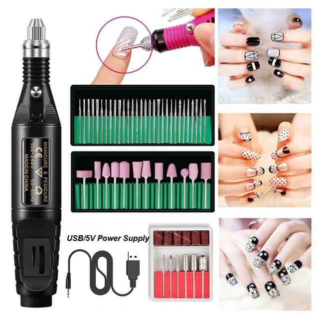 Pulidora de uñas eléctrica portátil con cabezales intercambiables para manicura profesional, ideal para uñas naturales y postizas, incluye cable de carga y accesorios, color negro.