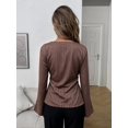 thumbnail image 2 of Women's French Old Money Style Brown Striped Tie Waist Blouse Boat Neck Long Sleeve Fitted Top for Fall Winter Office Commute Daily Outfits with Black Pants, 2 of 5