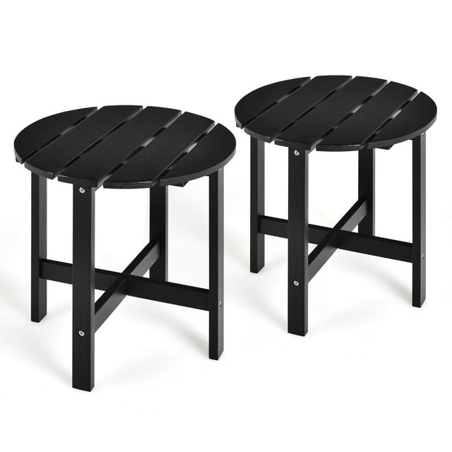Gymax 2 Pcs Table d'Appoint Rond de Patio 18 Pieds' Table Basse de Bout Lattes en Bois pour Terrasse Noir