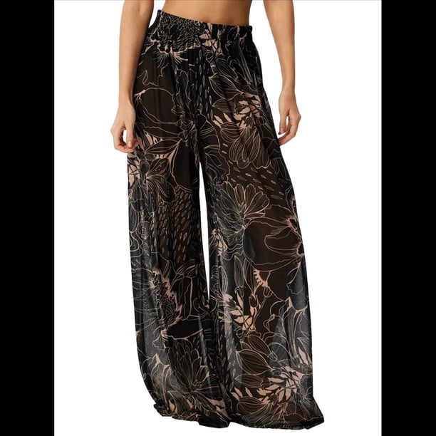 Pantalones Anchos de Cintura Alta con Elástico para Mujer, Pantalones Casuales Largos para Estar en Casa Flor Grande M