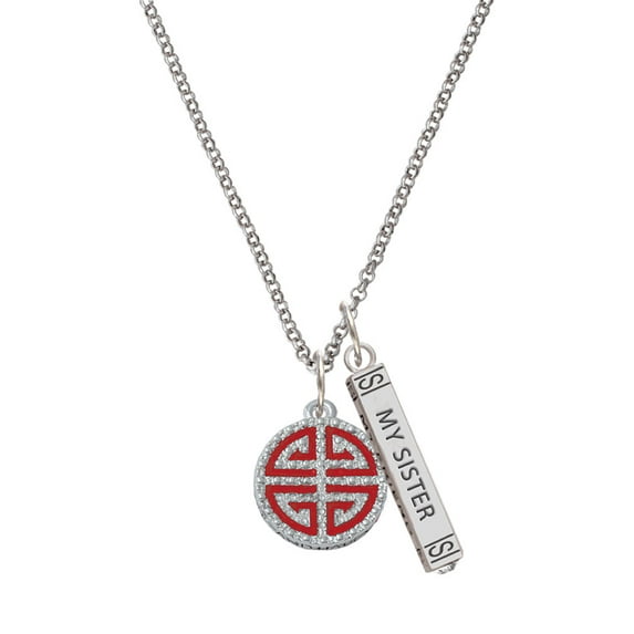 Delight Jewelry Silvertone Red Chinese Blessing Silvertone Always My Sister Bar Charm Necklace, 23"