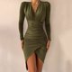 thumbnail image 3 of Vestido sexy fruncido a la moda para mujer, vestido con escote en V profundo, vestido de manga larga irregular para cenas, fiestas, banquetes, vestidos ajustados, vestido de discoteca, 3 of 5