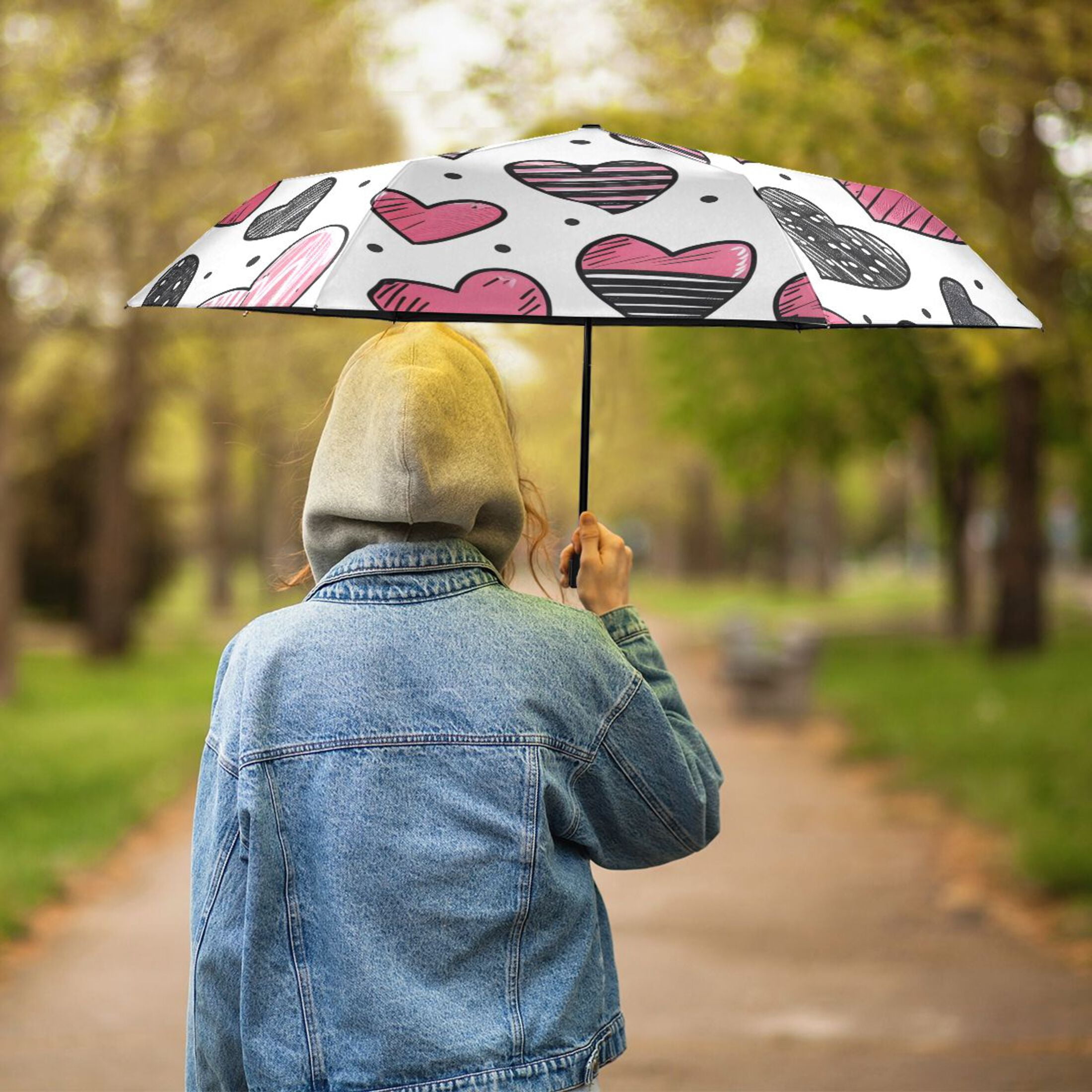 ALAZA Hearts UPF 50+ Compact Folding Umbrella for Rain Travel Umbrella Packable