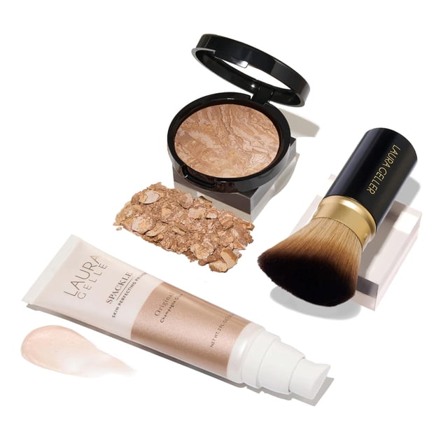 LAURA GELLER NEW YORK Kit de rutina diaria - Base en polvo correctora de color Baked Balance-N-Brighten mediana + Kabuki en ángulo retráctil + imprimación de maquillaje Spackle Champagne Glow (3 pieza