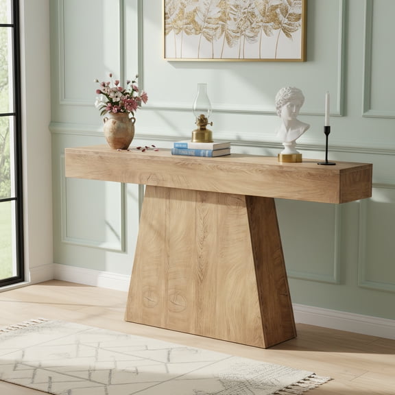 63-Inch Farmhouse Console Table With Trapezoidal Base, Narrow Long Wooden Sofa Table Behind Couch, Entryway Accent Table For Hallway Living Room (Natural)