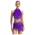 thumbnail image 1 of inlzdz Femmes Strass Franges Col Montant Sans Manches Justaucorps à Franges Robe Latin Tango Salsa Jazz Violet P, 1 of 6