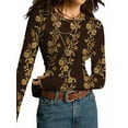 thumbnail image 2 of Women'S Floral Knitted Long Sleeve Crew Neck Going Out Slim Fit Tops Fall Outfits Trendy Clothes Dark Brown L, 2 of 9