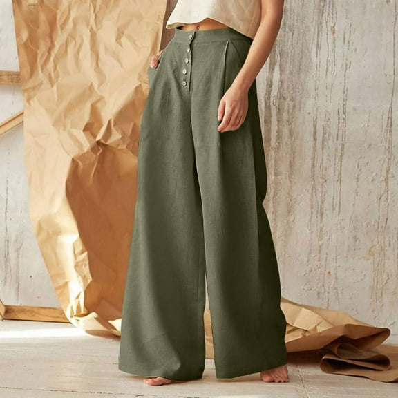 Conairie Women Linen Pants Solid Wide Leg High Waisted Casual Palazzo Pants With Button Summer Beach Trousers With Pockets Army Green XXXXL