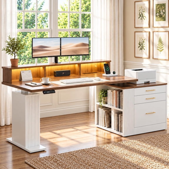 Electric Standing Desk with Drawers - 70" Adjustable Computer Desk | Wood Fluted Sit Stand Executive Desk with File Cabinet, Monitor Stand, LED & Power Outlets for Home Office, Walnut and White