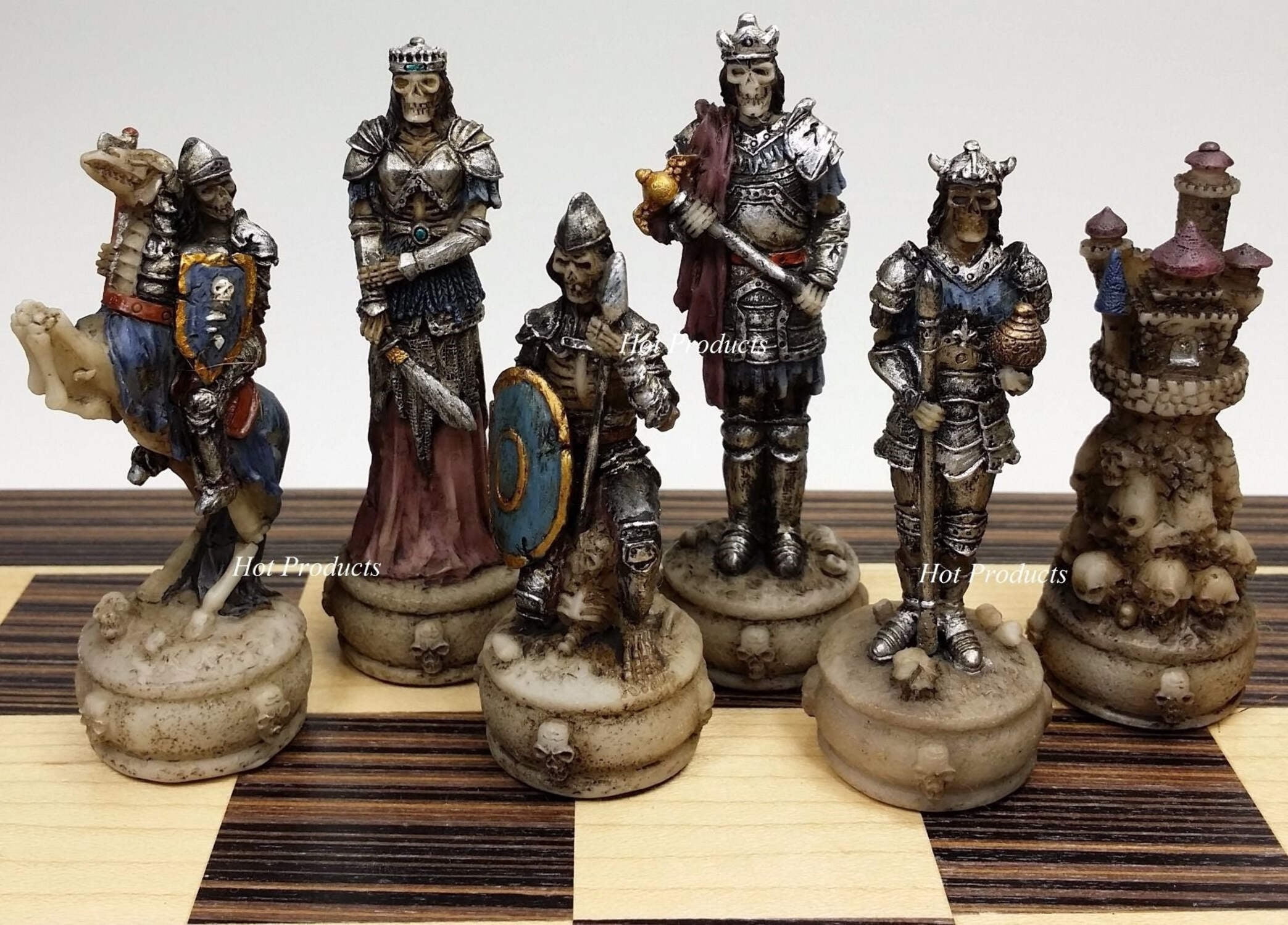Skeleton Slayer Gothic Skull Chess Set W/ 14" Ebony  Maple Wood Board