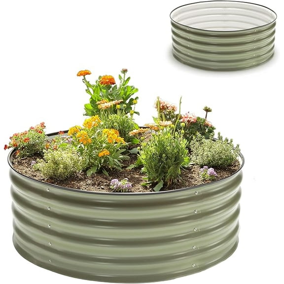 Epic Gardening 5-in-1 Galvanized Raised Garden Bed Kit, 15" Tall Round Metal Planter, Light Clay, Outdoor Use