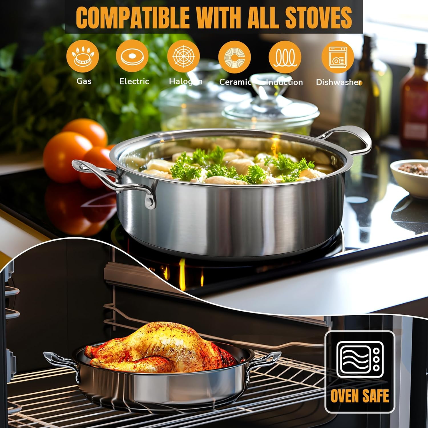Stainless Steel pots and pans set 6 Piece Nonstick Kitchen Induction Cookware Set Works with Induction/Electric and Gas Cooktops Nonstick Dishwasher