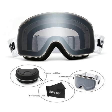 JUST GO Ski Goggles for Skiing Motorcycling and Snow Sports Dual-Layer Anti-Fog 100% UV Protection lens Snowboard Goggles fit Men, Women and Youth, White Frame/ Gray Lens (VLT 18.6%)