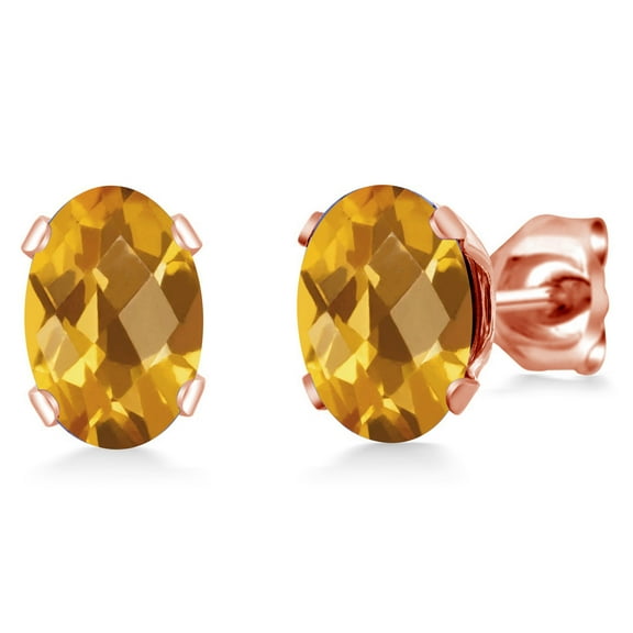 Gem Stone King 1.45 Ct Oval Checkerboard 7x5mm Yellow Citrine Brass Rose Gold Plated Brass Stud Earrings for Women Men