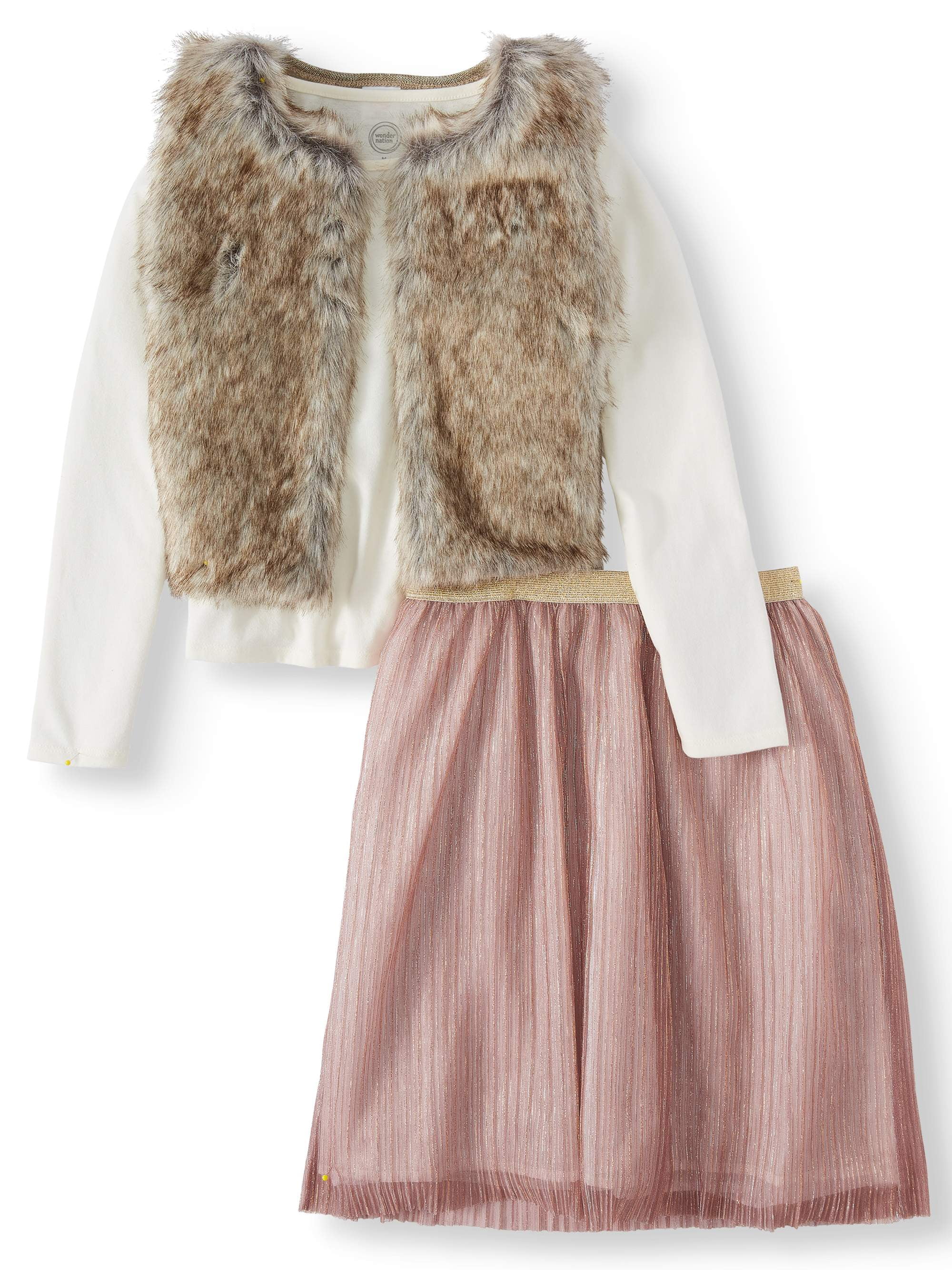Wonder Nation Girls Fur Vest, Long Top and Glitter Tulle Outfit Set, 3-Piece, Sizes 4-18 & Plus - Walmart.com