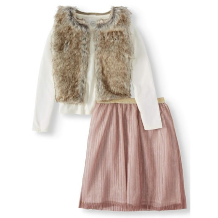 Wonder Nation Faux Fur Vest, Long Sleeve Top and Shimmer Tulle Skirt, 3-Piece Outfit Set (Little Girls, Big Girls & Plus)