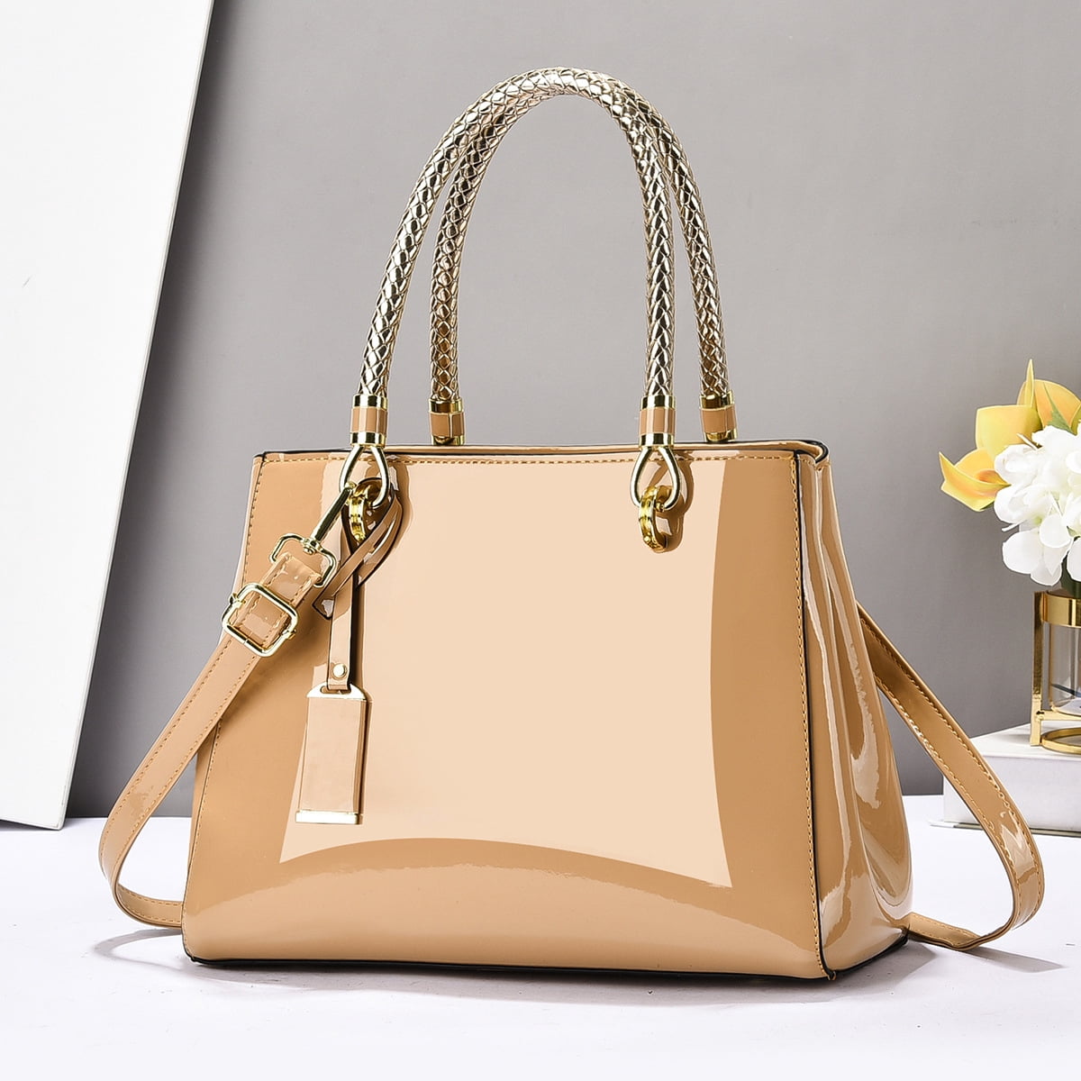 Shiny Patent Leather Crossbody for Women Push Glossy Shoulder Bag Satchel Purses Party Totes Top Handle Bags