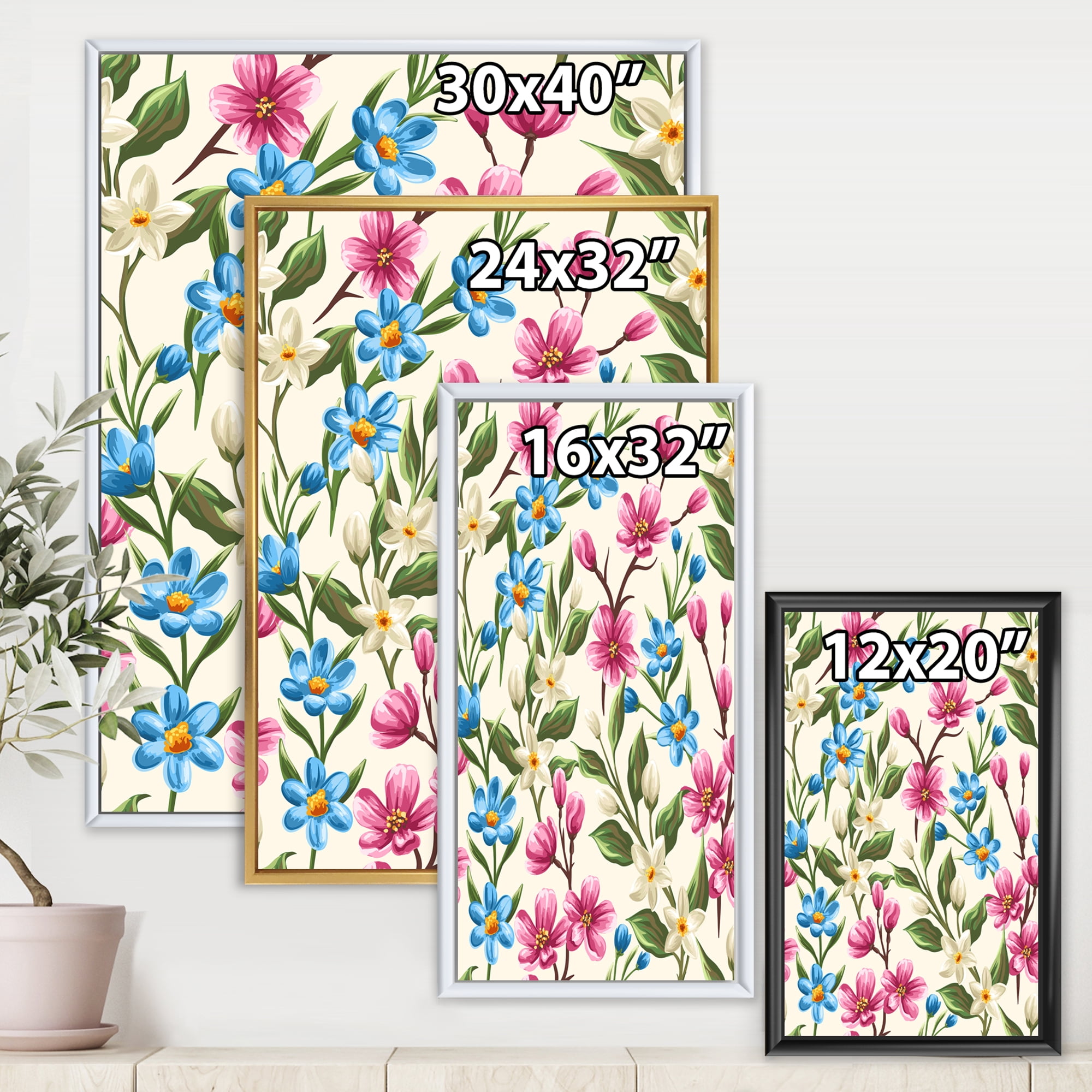 Designart 'Vintage Blue and Pink Wildflowers' Traditional Framed Canvas Wall Art Print